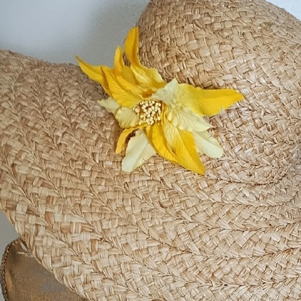 Casual Woven Floppy Beach Sun Hat with Yellow Flower Pin Accent